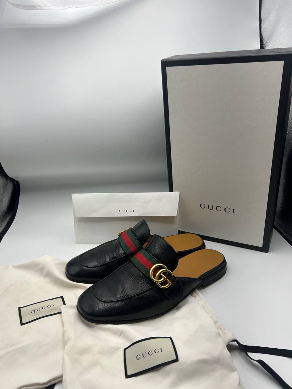 Gucci Princetown Leather Slipper Mule Black Double GG Size 7