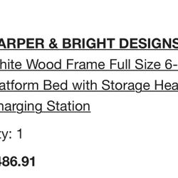 Harper & Bright Designs Modern White Wood Frame Full Size 6-Drawer Platform Bed with Storage Headboard and Charging Station 