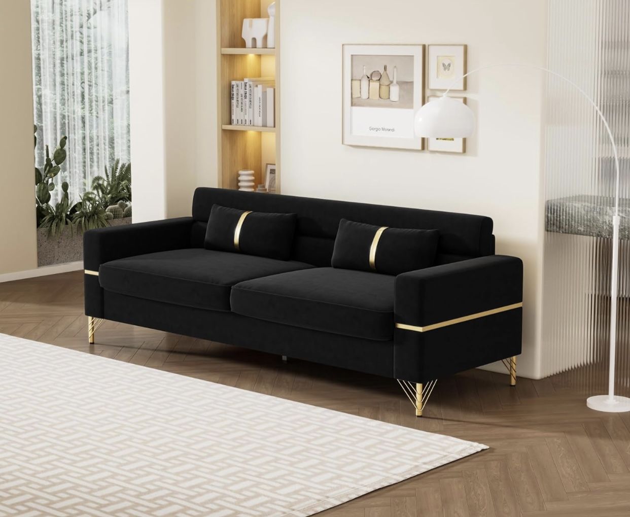 86'' Velvet Sofa, Modern Couch with 2 Lumbar Pillows & Gold Plated Feet