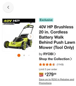 For Sale A Used Ryobi 40V HP Brushless 20in Cordless Push Lawn Mower Tool-only Model RY40HPLM06