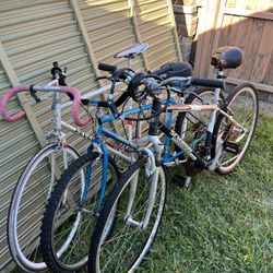 3 bicycles Will Need Work. They Have Been Sitting For A While. All The Rims Are Straight. One Is An Aluminum Frame.
