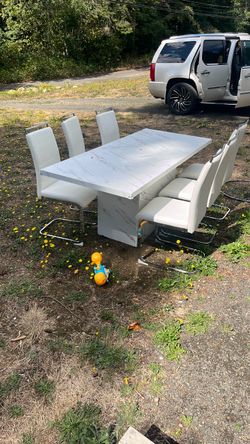 White Marble-Top Dining Table with 6 Chairs