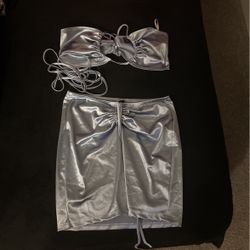 metallic blue skirt and top outfit 