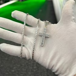 Iced Out Cross Pendant Box Silver Chain Adjustable Fashion Jewelry