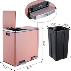 12 GallonStainless Steel Trash Can, 48L Dual Compartment, Metal Kitchen Step Recycle Bin, Metal Double Dustbin, in-Home Garbage Rubbish Can W/Removabl
