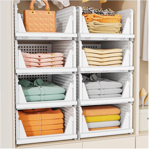 SNSLXH 5 Pack Stackable Closet Storage Basket, Multifunctional & Foldable Closet Organizer for Bathroom Kitchen Laundry Room Wardrobe Storage, Space-S