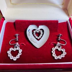 Vtg Sterling Heart Brooch Dangle Earrings 