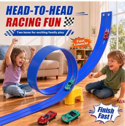 Dual Race Track, Royal Blue Made from durable food-grade PVC with 3 reinforced suction cup ramps
