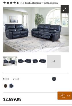 Blue/Gray Top Grain Leather Sofa Two Recliner Seats