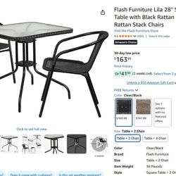 Flash Furniture Lila 28'' Square Glass Metal Table with Black Rattan Edging and 2 Black Rattan Stack Chairs