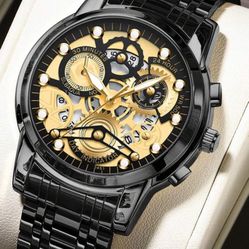 *SALE* Men's Watch Stainless Steel Skeleton Dial Casual Sports Style Night Light Male Clock Gold & Black & Silver Original Quartz Moveme