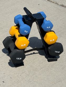 BalanceFrom Fitness 5, 8, and 12 Pound Neoprene Coated Dumbbell Set with Stand