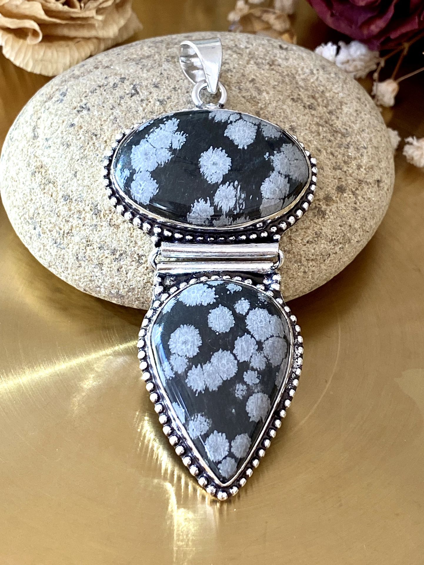 Snowflake Obsidian 925 Sterling Silver Overlay Handcrafted Pendant 
