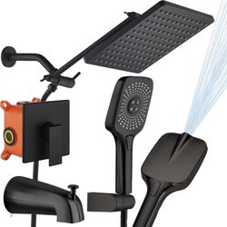 SUNZOE Shower Faucet Set With Tub Spout Matte Black 10 Inch Rainfall Shower With 4 Setting Spray Mixer Shower System Modern Luxury Wall Mounted Tub Sh