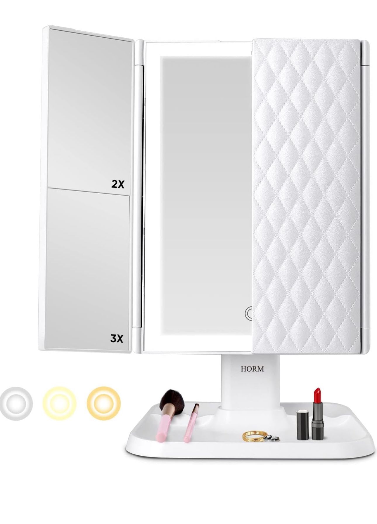 Makeup Mirror Vanity with Lights - 3 Color Lighting Modes 72 LED Trifold Mirror, 1x/2x/3x Magnification, Touch Control Design, Portable High Definitio