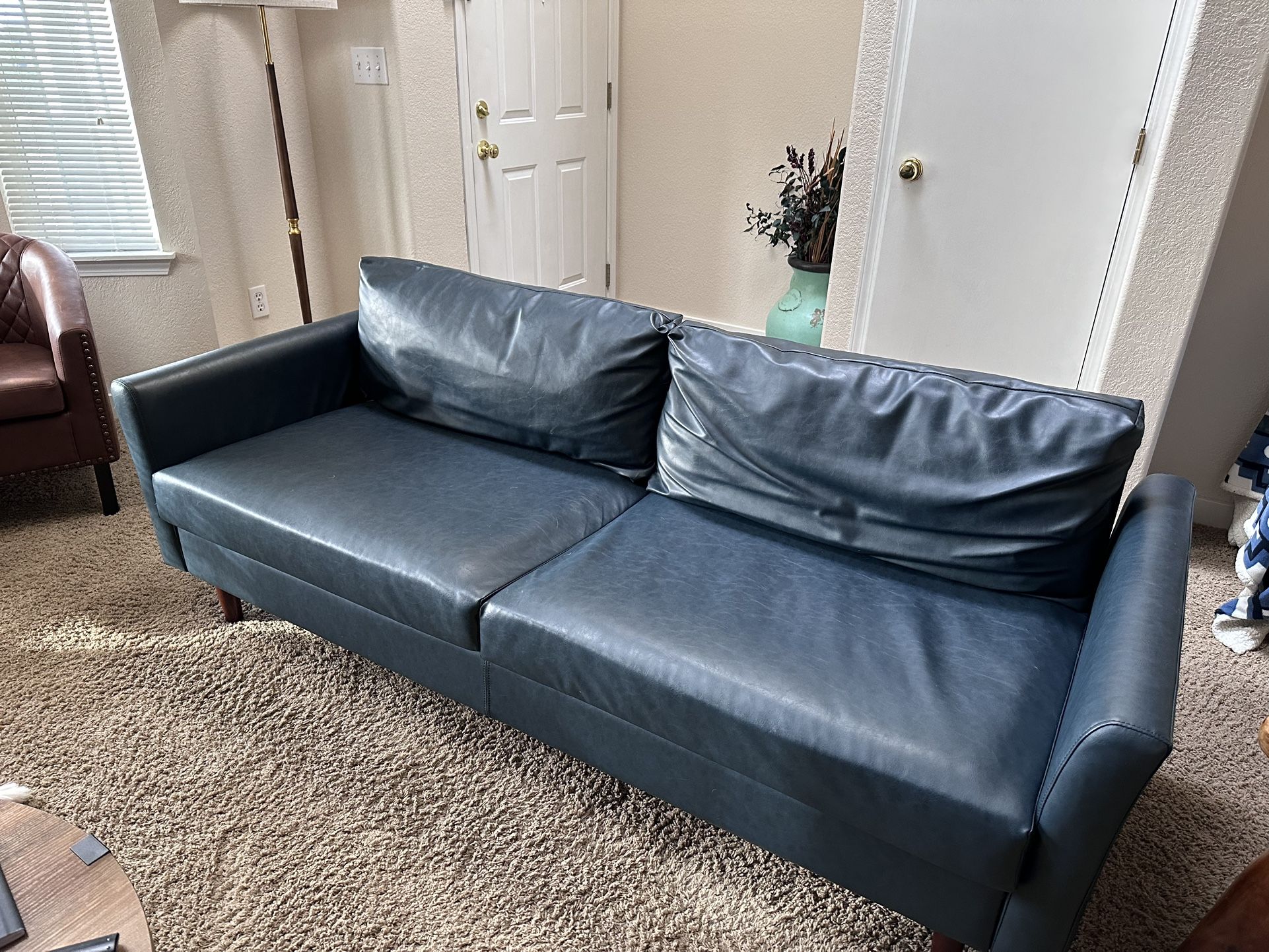 Blue Faux Leather Couch