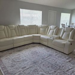 Power Electric White Leather Fully Reclining Sectional Couch 