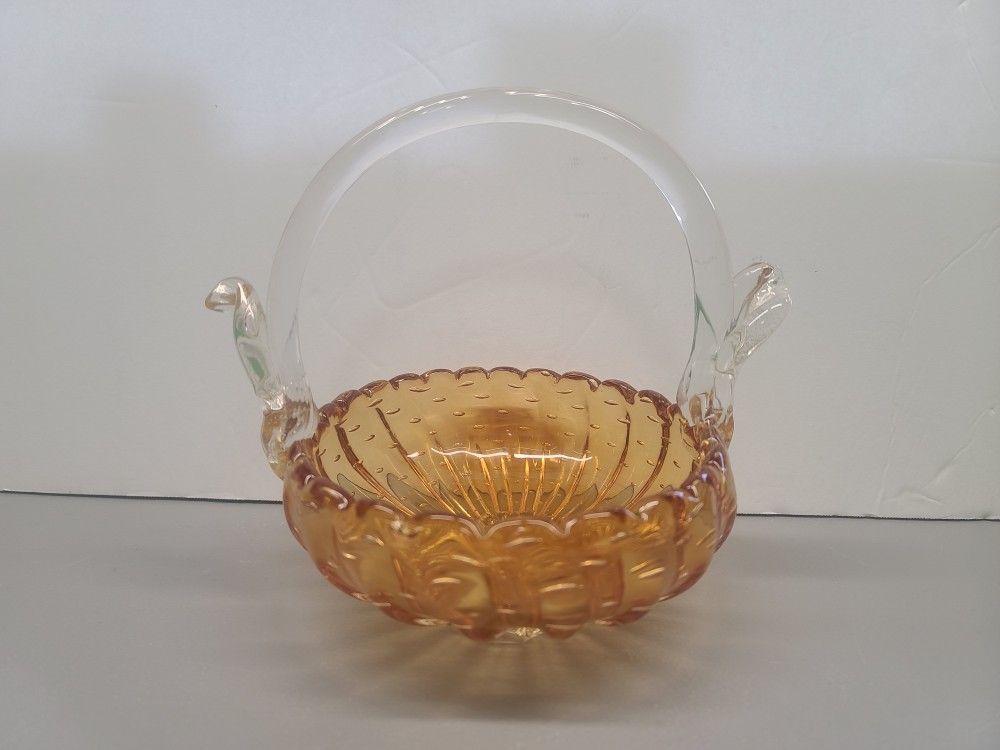 Beautiful Rare Vintage Venetian Murano Italy Amber Glass Basket 