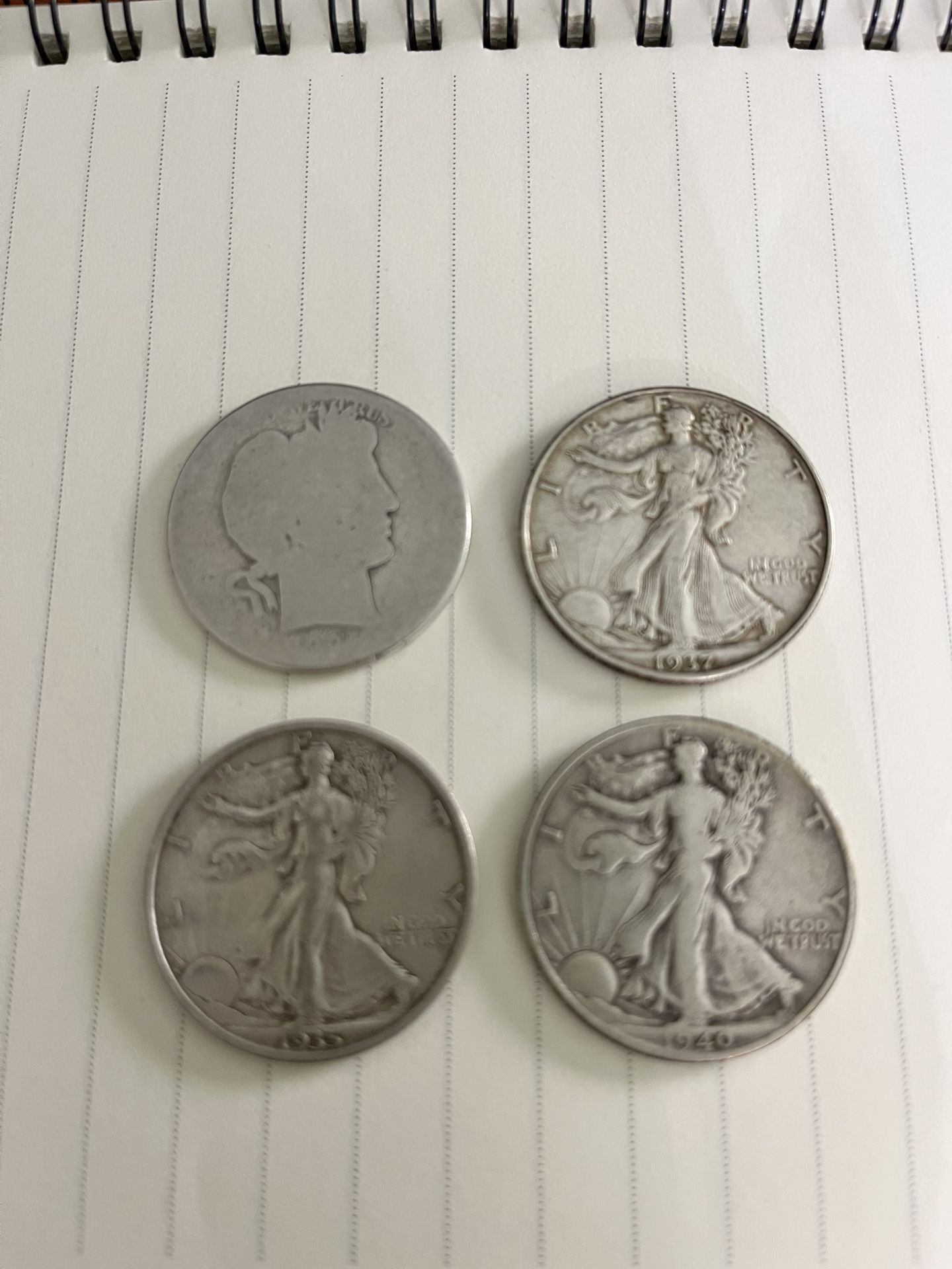 1897 Barber, 1935, 1937, 1940 Walking Liberty Silver Half Dollars