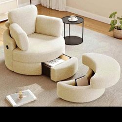 Teddy Fabric Swivel Chair w/ Hidden Storage Ottoman + Round Ottoman — Cream | New | Aesthetic