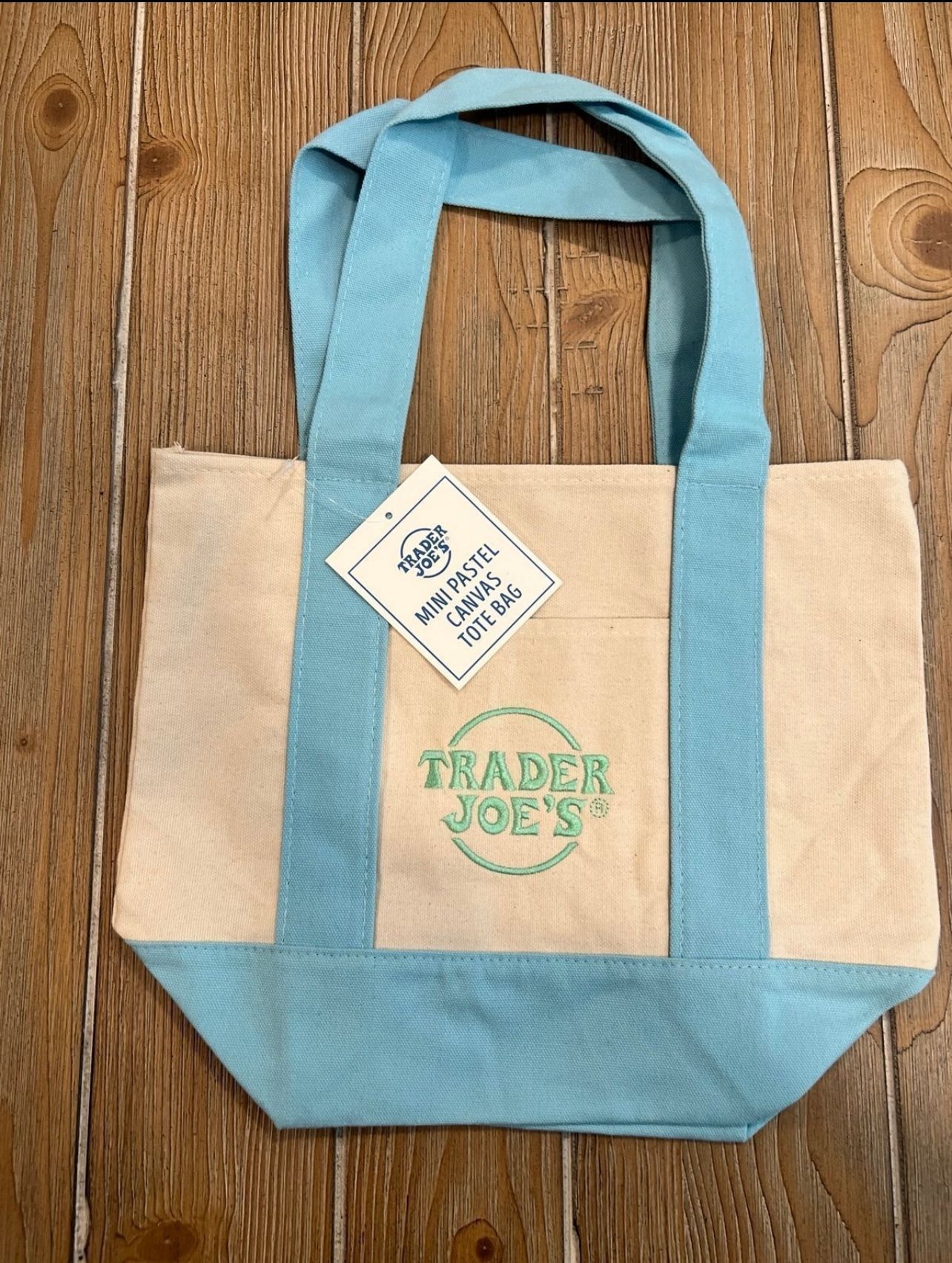 NWT Trader Joe's MINI Pastel Canvas Tote Bag In Baby Blue