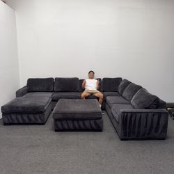 Black Chenille Sectional Couch with Ottoman - Can Deliver