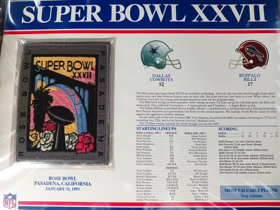 January 31, 1993 Nfl Football Dallas Cowboys Buffalo Bills Super Bowl XXVII (27) Patch 