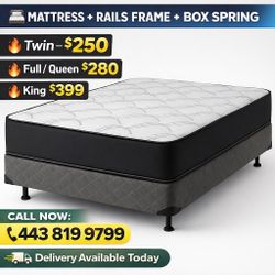 🌟 Queen Mattress, Box Spring, and Rails Frame Set - Delivery Today  And Pay On The Delivery