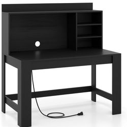 New Assembled Computer Desk with Storage, 42.5’’ Writing Desk with Hutch & Power Outlet, Wood Makeup Vanity Table with Shelves, Small Desk