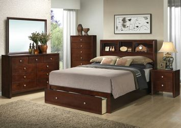 Brand new walnut finished queen bed frame, dresser, mirror, nightstand 4PCs bedroom set