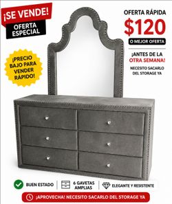 Cómoda Moderna Gris con Espejo – 6 Gavetas – $120 OBO