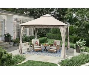 Shop Hampton Bay Palantine 10.5 ft. x 10.5 ft. Tan Soft Top Gazebo