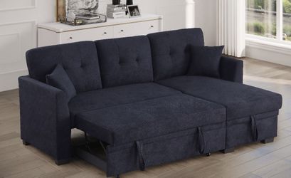 NEW Navy Black Fabric Adjustable Sectional Sofa with STORAGE Chaise Left or Right Reversible IKEA Ashley Style Couch Set Pullout Sleeper Bed Sofabed