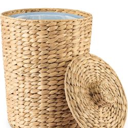 3 Gallons Wicker Woven Waste Basket with Lid - Water Hyacinth Trash Can for Office Garbage - Handwoven WasteBaskets for Bedroom, Bathroom, Kitchen, Li
