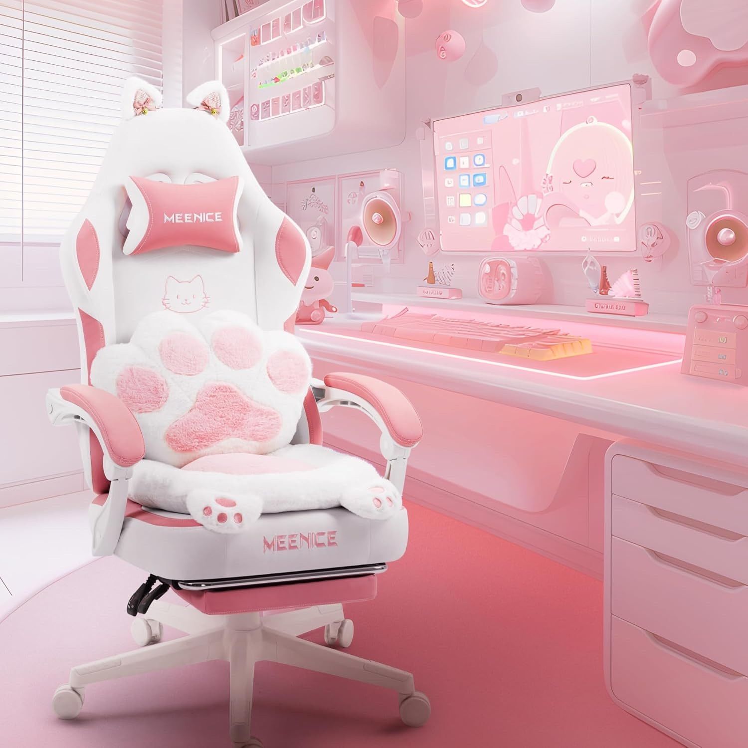 Pink Gaming Chair Cute with Cat Ears Paw Lumbar and Cushion,Ergonomic Computer Chair with Footrest,Reclining PC Game Chair for Girl Computer Chair 300