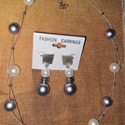 Cute Necklace Earrings Set faux Pearls