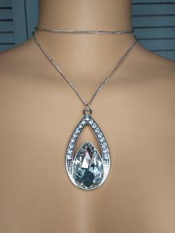 Silver & white long rhinestones necklace tear drop gem pendant & Earrings Set 