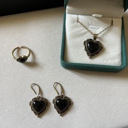 Vintage Black Onyx Heart Jewelry Set | Ring, Necklace & Earrings
