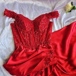 Red embellished off the shoulder prom dress