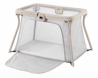 Dove/Beige, foldable baby playpen and toddler travel bed, zip-open side panel, GREENGUARD Gold