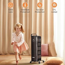 Rellorus Radiator Heater, Space Oil Filled Heater 1500W, 4 Modes, 24H Timer, Adjustable Thermostat, Quiet, Electric Portable Heater with Remote for Ho