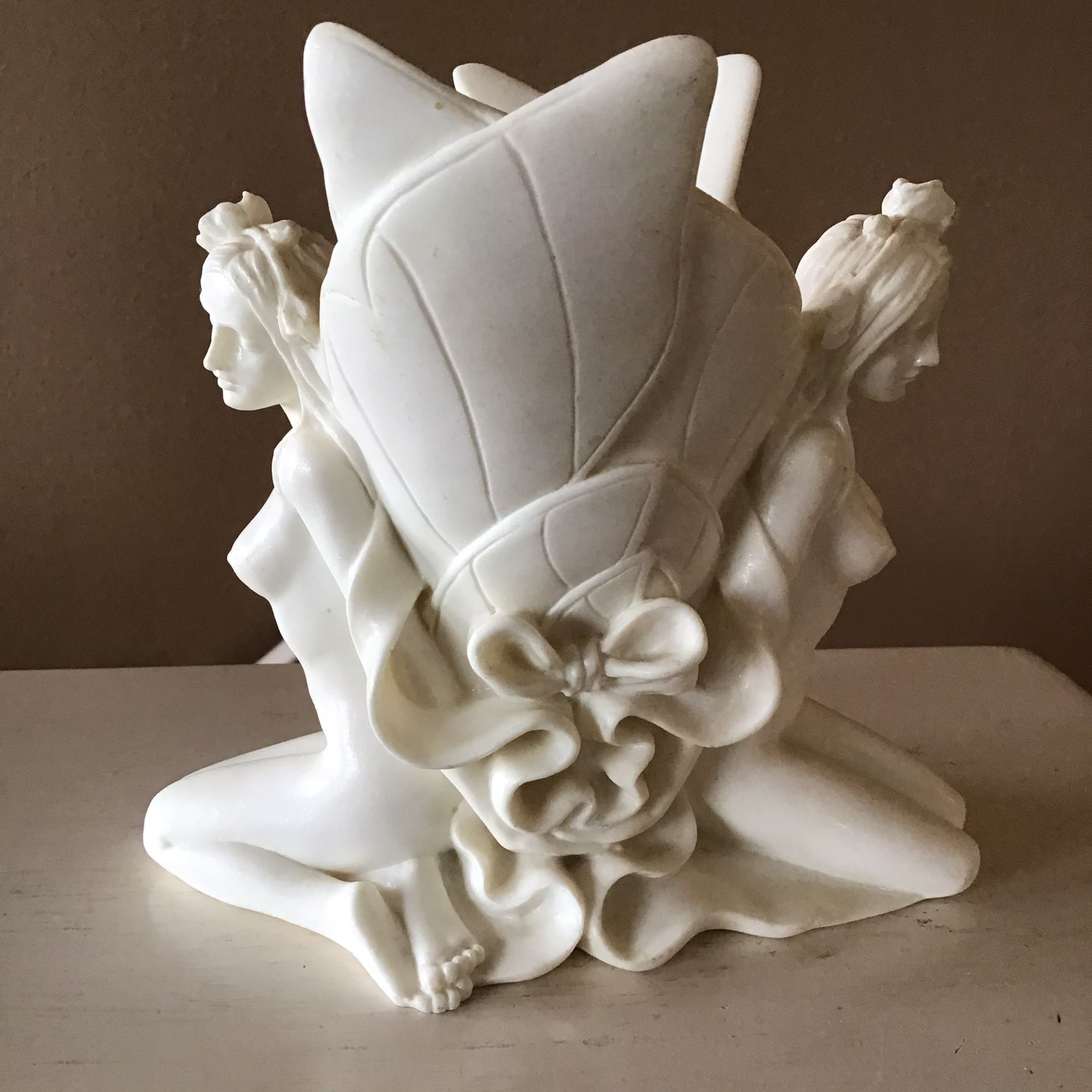 Vintage Art Deco Nouveau Ivory Resin Nymphs Fairies Vase