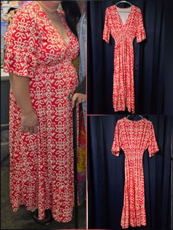 Red/white Boho Smocked V-Neck Maxi Dress