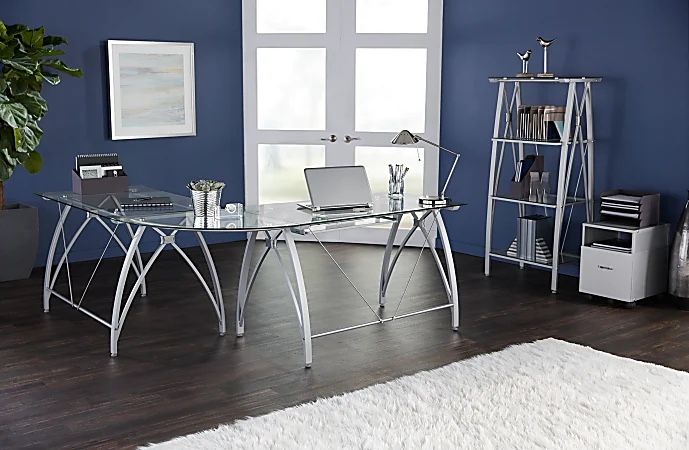 Desk Chrome Finish Glass Top L Shape
