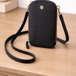 Tory Burch Black Leather Phone Crossbody Wallet – Gold Hardware 