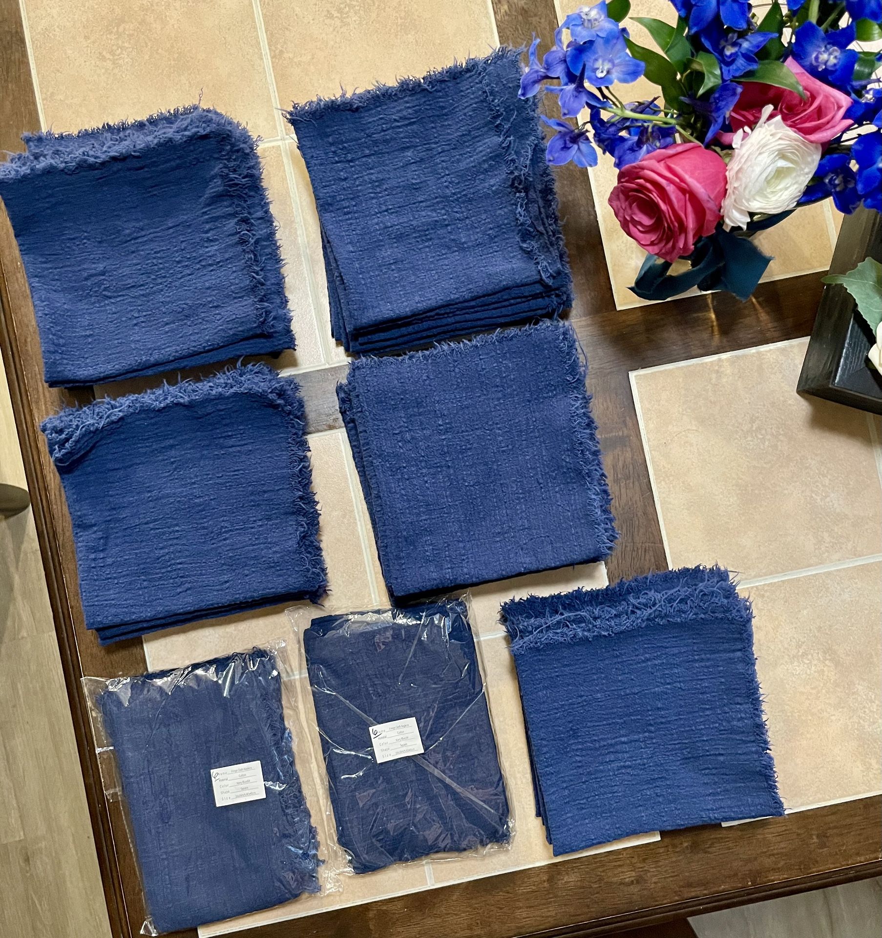Set of 62 Navy Blue Cotton-Linen Fringe Napkins – Washed & Ready to Use