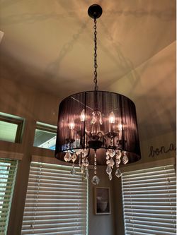 Hanging Chandelier Black Round Fabric Pendant Light Fixture with Crystal Accent