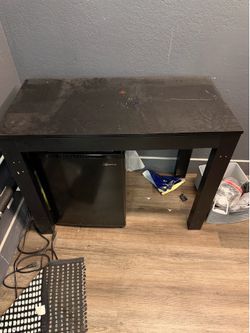 Table and mini fridge