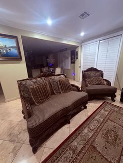 Traditional Carved Wood Sofa and Armchair Set