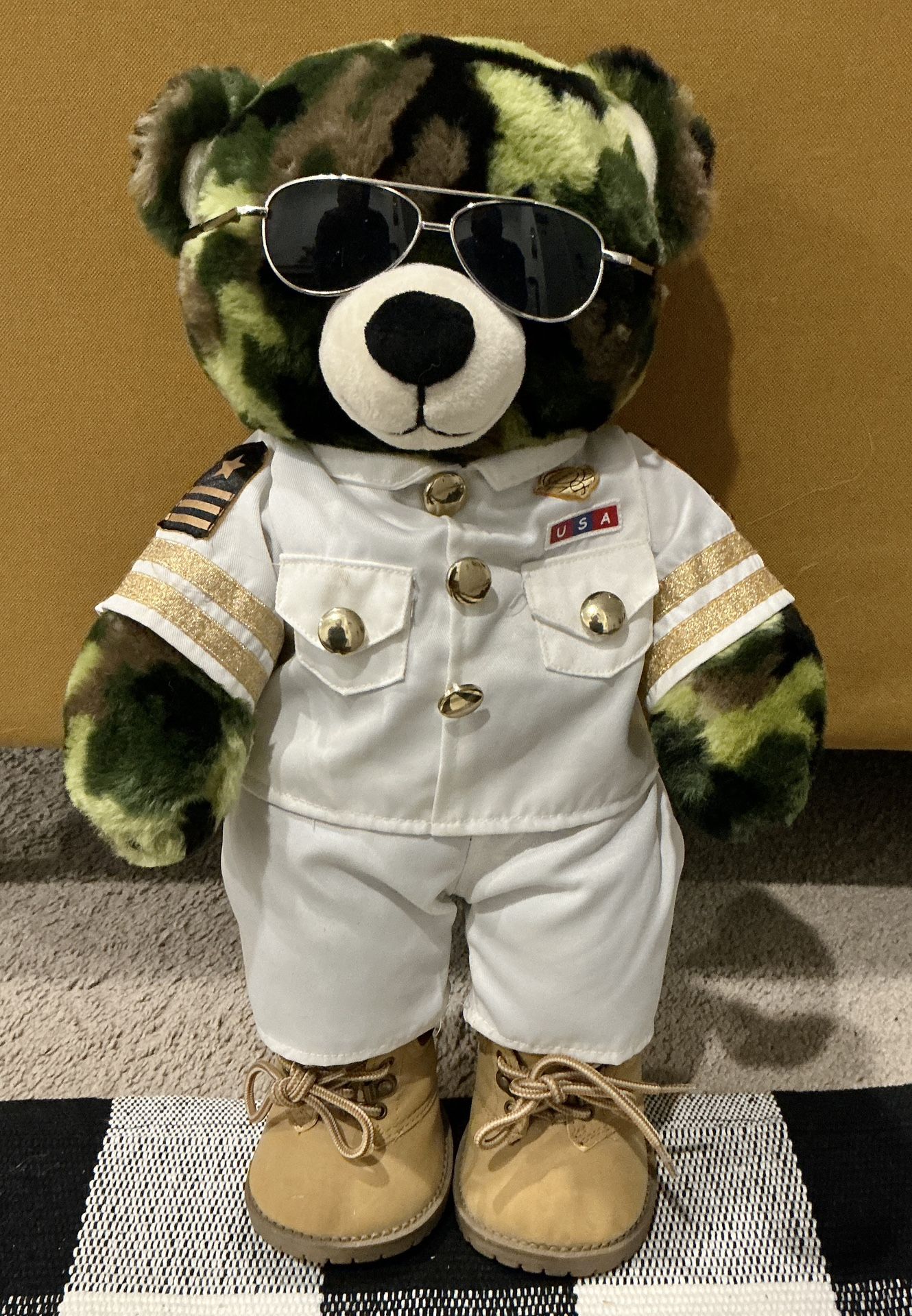 Build-A-Bear plush teddy bear in US Army camouflage uniform, sunglasses, boots